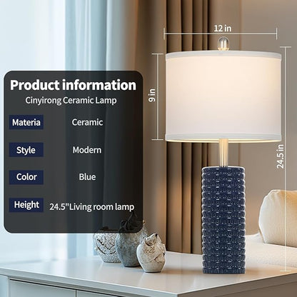 24.5" Modern Ceramic Table Lamp Set of 2 for Living Room Blue Desk Lamps for Bedroom Farmhouse Bedside Nightstand Bedside Lamp End Table Lamps Blue