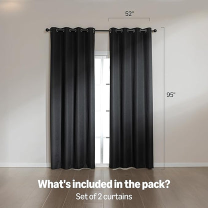 Amazon Basics Faux Linen Blackout Curtains for Bedroom and Living Room, 2-Piece Set with Grommets, 52" W x 95" L, Black