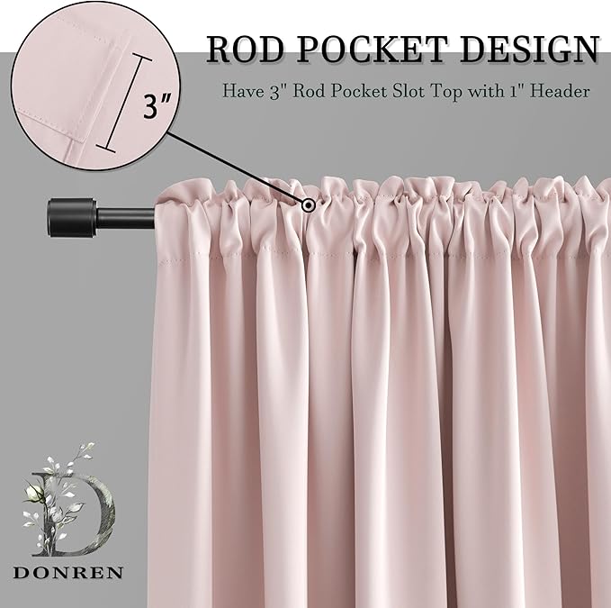 DONREN Baby Pink Room Darkening Nursery Curtains - Pastel Pink Light Reducing Thermal Insulated Energy Saving Blackout Curtains/Drapes for Bedroom,1 Pair,52 x 84 Inch Length