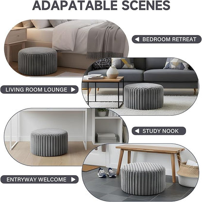 Tiita Round Stuffed Pouf Ottoman, Stripe Faux Fur Poufs with Foam Chunk Filling, Furry and Fluffy Pouf 21×21×12 inch Foot Stool Storage Ottoman,Puff Office Foot Rest for Couch Living Room, Grey