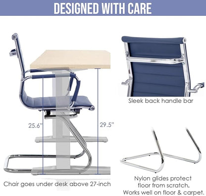 Wahson Office Guest Chairs Set of 6, Leather Reception Chairs, Mid Back Waiting Room Chair, Conference Chairs with Sled Base, Desk Chair No Wheels for Meeting/Lobby/Restroom, Navy Blue