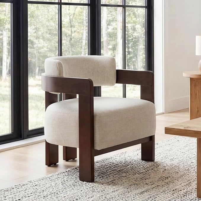 Beige Linen Accent Chairs Set of 2, Cozy Upholstered Living Room Chair for Bedroom, Walnut Wood Frame, Vintage Modern Lounge Reading Chair for Apartment Waiting Room Office,Beige