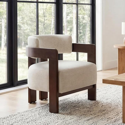 Beige Linen Accent Chairs Set of 2, Cozy Upholstered Living Room Chair for Bedroom, Walnut Wood Frame, Vintage Modern Lounge Reading Chair for Apartment Waiting Room Office,Beige