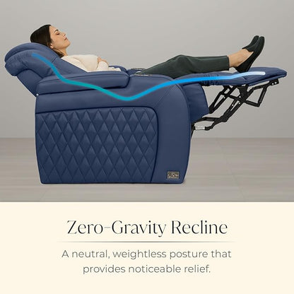 Seatcraft Diamante Zero-Gravity CoolZero Italian Leather Home Theater Seating, Power Headrest, Power Recline, Row of 2 Loveseat, Navy Blue