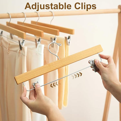 BAGAIL 10 Pack Wooden Pants Hangers with Adjustable Clips, 360°Swivel Hook Space Saving Skirt Holders with Anti-Rust Clips for Trousers, Jeans, Shorts (Natural)