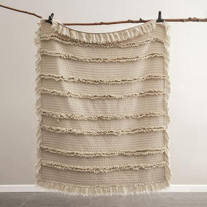 Ultra Soft Pre-Washed Quilted Boho Beige Twin Size Blankets for Bed, Ruffle Fringed Decorative Throw, Stone Washed Chic Rustic Blanket for Sofa Couch Bed, 60"*80"