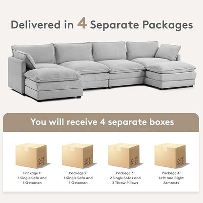 ROWHY 148'' Sectional Cloud Couch with 2 Ottomans, Oversized 4 Seat Sleeper Sofa with 2 Throw Pillows, Convertible Upholstered U Shaped Cozy Sofa Furniture Set for Living Room and Office, Light Grey