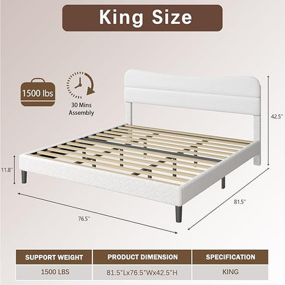 King Size Bed Frame, Upholstered King Bed Frame and Headboard, Teddy Soft Boucle Fabric bedframe King Size, Soft Cloud Marshmallow Shape Upholstered Headboard, No Box Spring Needed, Noise Free (White)