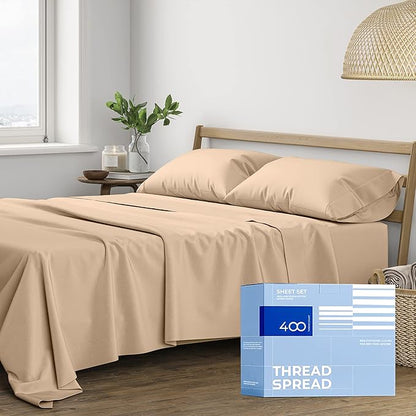 THREAD SPREAD Full Size Sheets Cotton - 400 Thread Count 4 PC 100% Cotton Full Size Sheet Sets, 16” Deep Pocket Full Size Sheets Set, Cooling Full Sheet Set, Luxury Hotel Sheets & Pillowcases (Taupe)
