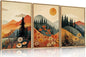 LHIUEM Large Boho Mountain Sunset Framed Canvas Wall Art Set, Pine Tree Flowers Wall Decor, Nature Landscape Forest Artwork for Living Room,Bedroom,Dining Room,Office -24"x36"x3
