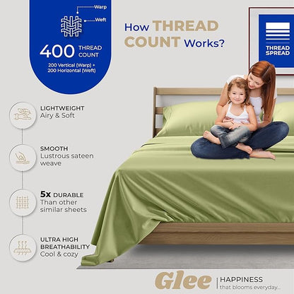 THREAD SPREAD 100% Cotton Queen Sheets Set - 400 Thread Count Queen Size Sheets (4 PC, Sage Green), 16" Deep Pocket All Around Elastic, Soft, Cooling, Durable & Breathable Sateen Weave Bed Sheet Set