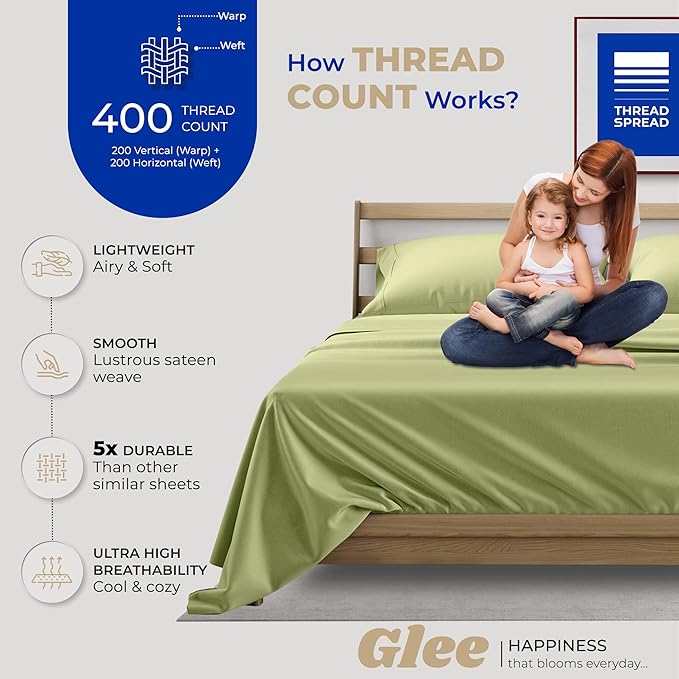THREAD SPREAD 100% Cotton Split King Sheets - 400 Thread Count 5 PC Hotel Quality Sheet for Adjustable Bed, Ultra Soft, 16" Deep Pocket Split King Bed Sheet (Sage Green)