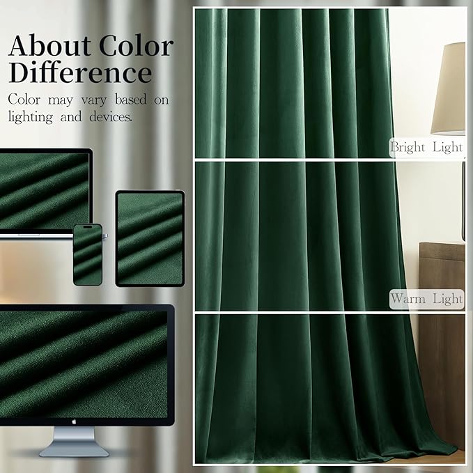 Velvet Curtains 102 Inches Long for Bedroom, Super Soft Room Darkening Thermal Insulated Curtains Luxury Window Drapes for Living Room Nursery, Back Tab Rod Pocket, Dark Green, W52 x L102, 2 Panels