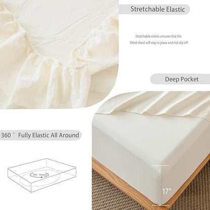 MooMee Fitted Bottom Sheet Only 100% Washed Cotton Linen Like Textured Breathable Durable Soft Comfy Deep Pocket Fits Mattress up to 17" (Cream White, King
