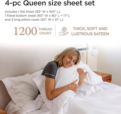 Threadmill Luxury Supima Queen Sheet Set, 1200 Thread Count 100% Cotton Sheets for Queen Size Mattress, 4 Pc Bed Sheets Queen Size Set, 5-Star Hotel Quality White Queen Sheets Elasticized Deep Pocket