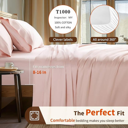 LBRO2M 1000 Thread Count 100% Egyptian Cotton Sheets Set Twin, 3 Piece Sets Bed Sheet Deep Pocket Sheet Set 16" Soft Comfortable All Season (Twin, Pink)