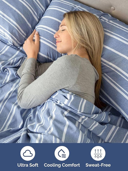 Extra Deep Twin XL Sheet Set - 4 Piece Breathable and Cooling Sheets - Hotel Luxury Bed Sheets Set - Easy Fit - Soft, Wrinkle Free and Comfy Sheets Set - Blue Striped Sheet Set with Extra Deep Pockets