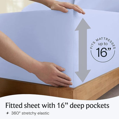 LuxClub 5 PC Sheet Set Bed Sheets Deep Pockets 16" Eco Friendly Wrinkle Free Cooling Machine Washable Hotel Bedding Silky Soft - Sky Blue Split King