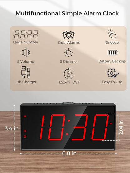 PPLEE Alarm Clock for Bedroom, Large Number Digital Clock with Dimmer for Living Room, Dual Alarms Easy to Read clock for Seniors, Electric Bedside Desk Clock with USB Charger, Digital Red LED Display