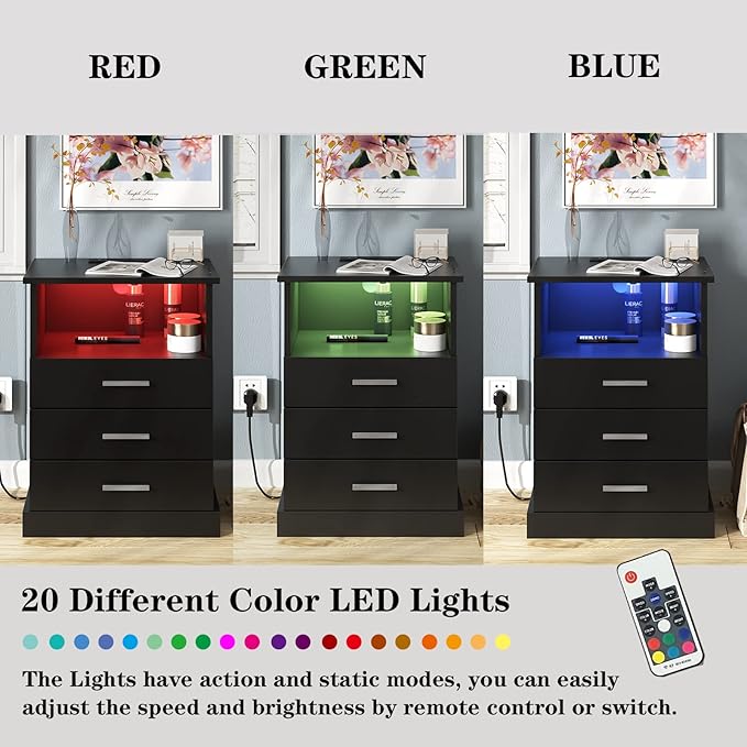 Halitaa Black LED Nightstand with Charging Station, Side Table with 3 Drawers and Light, End Table with Open Storage, Beside Cabinet for Bedroom (Black 2 Set)