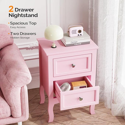 Bonnlo Nightstand Set of 2, Nightstands with 2 Drawers, Bed Side Table/Night Stand, Pink Nightstand, Small Nightstand for Bedroom, College Dorm, Kids’ Room, Living Room, Wood, 16W x 12D x 24H