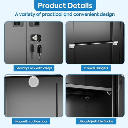 Garage Storage Cabinet with Wheels, Broom Closet Storage Cabinet with Pegboards and Adjustable Shelves, Metal Tool Cabinet with Lockable Door for Garage Home, Black