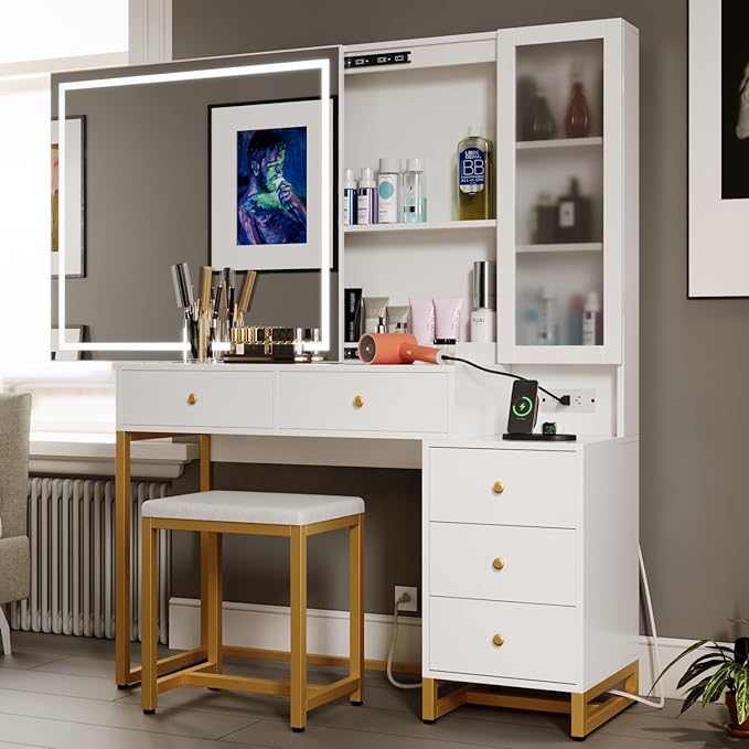 Vanity Set with Lighted Mirror and Charging Station, Extra Large Mirror Makeup Vanity Table with Cushioned Stool,5 Drawers, Modern Vanity Table with Nightstand