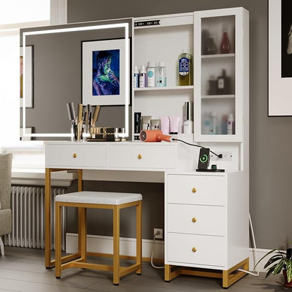 Vanity Set with Lighted Mirror and Charging Station, Extra Large Mirror Makeup Vanity Table with Cushioned Stool,5 Drawers, Modern Vanity Table with Nightstand