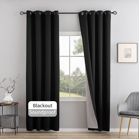 3-in-1 Layers Noice Reduction Soundproof Curtains, Grommet Full Blackout Thermal Curtains for Living Room, Bedroom(1 Panel,Black,50" x 72")