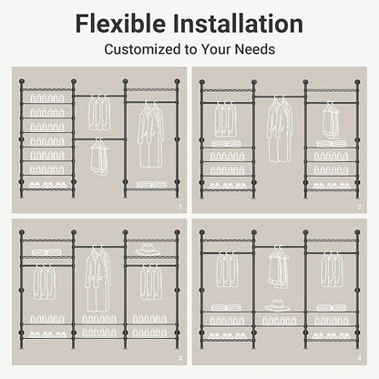 Timate S3 Wall Mounted Clothes Rack for Hanging Clothes Adjustable Width from 6'2" to 7'2", Expandable Freestanding Heavy Duty Hanging Garment Rack with 8-Tier Shoe Rack, Max Load 1050LBS, Black