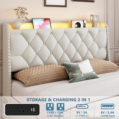 Full Size Bed Frame with 4 Drawers and Storage Headboard, Upholstered Tufted Wingback Bed Frame with LED Lights and Charging Station, No Box Spring Needed, Easy Assembly, Noise Free, Beige