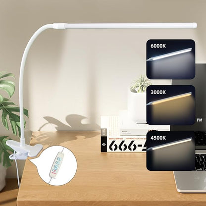 Desk Lamp with Clamp, Long Flexible Arm Clip on Lamp for Kids Reading in Bed, Easel, Make Up, Sewing Craft, Nail Tech Lamp, 3 Color Modes & 10 Brightness Levels