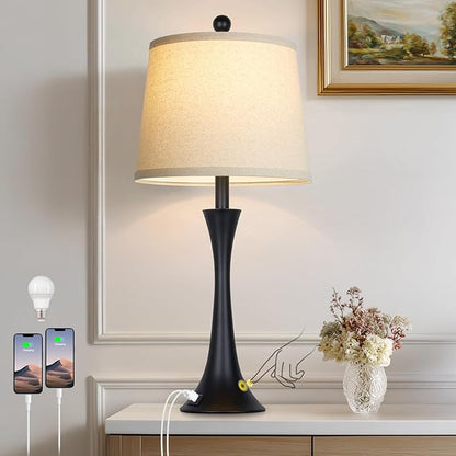 27.5" Black table Lamps for Living Room, Touch Control 3-Way Dimmable Bedside Nightstand Lamps Bedroom Lamp,Modern Black Table Lamp with USB A+C Ports,Tall Lamps for Living Room End Table（1Pack）