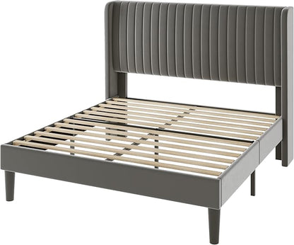 Allewie Full Size Velvet Bed Frame/Vertical Channel Tufted Wingback Headboard/Upholstered Platform Bed/Strong Wooden Slats/No Box Spring Needed/Easy Assembly/Grey