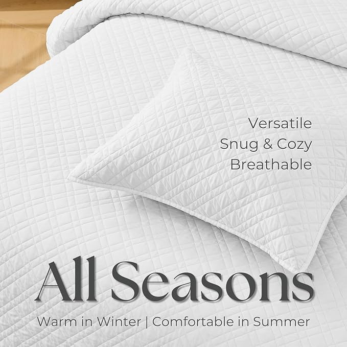 DOWN HOME Twin Quilt Set with Sham Lightweight Quilted Bedspread Coverlet Thin Comforter Bed Cover Vintage Washed Quilted Blanket for All Season, Brushed Microfiber Diamond Stitching, White, 66"x92"