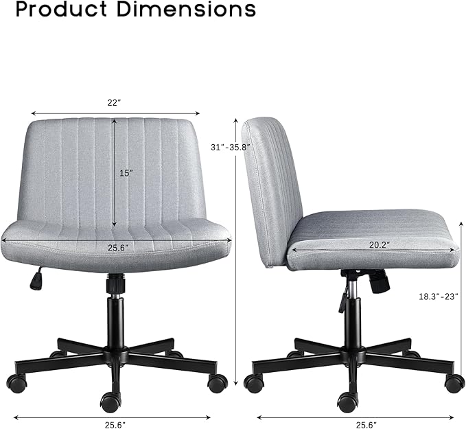 PUKAMI Criss Cross Chair with Wheels,Fabric Padded Armless Cross Legged Office Desk Chair for Home Office,Modern Swivel Height Adjustable Wide Seat (Grey)