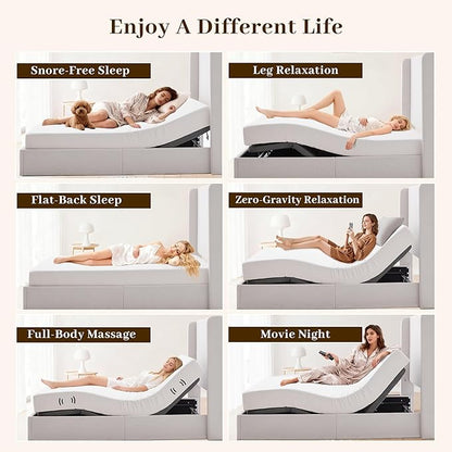 Queen All-in-One Adjustable Bed Frame with Upholstered Wingback Headboard, Head and Foot Incline, Zero Gravity, Massage, App and Wireless Remote, No-Noise, Minimalist, Textured Ivory Canvas