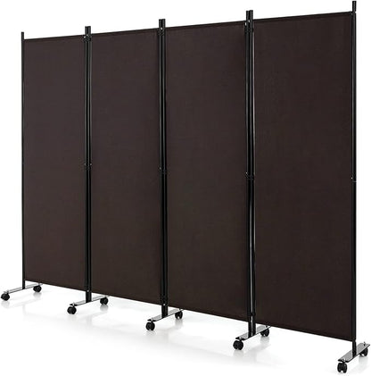 GOFLAME 4 Panel Folding Room Divider, 6FT Rolling Privacy Screen with Lockable Wheels, Portable Room Partition Screen, Freestanding Wall Divider and Separator for Home Office, Brown