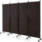 GOFLAME 4 Panel Folding Room Divider, 6FT Rolling Privacy Screen with Lockable Wheels, Portable Room Partition Screen, Freestanding Wall Divider and Separator for Home Office, Brown