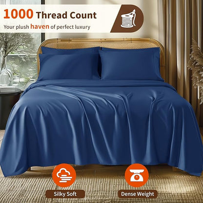 LBRO2M 1000 Thread Count 100% Egyptian Cotton Sheets Set 6 Piece Sets Full Size Bed Sheet Deep Pocket Sheet Set 16" Soft Comfortable All Season (Full, Navy Blue)