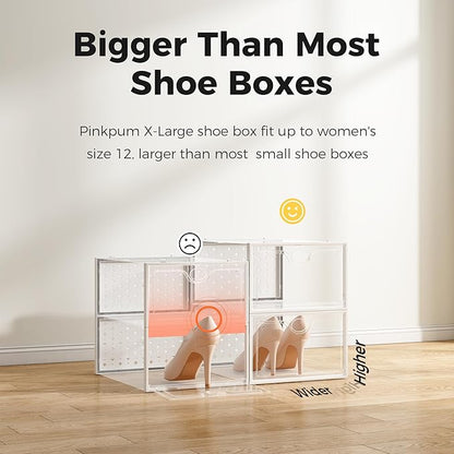 Pinkpum 15 Pack X-Large Shoe Storage Boxes Fit US Size 11, Shoe Organizer for Closet Clear Plastic Stackable Shoe Dispaly Case Holder Bins, Sneaker Storage for Sneakerheads White for Home and Family
