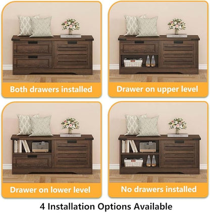 FATORRI Bench with Shoe Storage for Entryway, Wooden Shoe Benches with Flip Door and Drawers, Entry Way Shoes Organizer Cabinet for Living Room Mudroom (Dark Walnut)