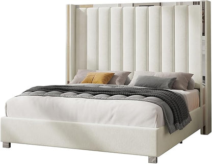 Jocisland Queen Size Bed Frame with 58" Tall Headboard, Platform Velvet Upholstered Bed with Channel Tufted Wingback Headboard and Plating Trim, No Box Spring Needed, White Cream