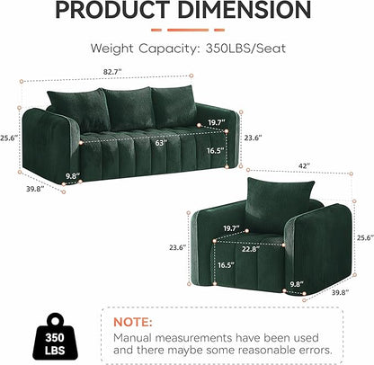 Corduroy Boneless Living Room Sets, Modern Upholstered 3 Seater Sofa with 2 Signle Accent Chairs, Comfy Deep Seat Cloud Sofa Couch Sets for Living Room, Green