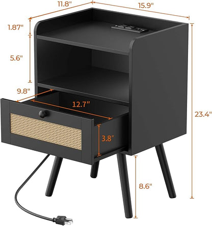 SUPERJARE Nightstands with Charging Station, Bedside Table Set of 2 with PE Rattan Drawers, Rattan Side Table with Storage & Solid Wood Feet, End Table for Bedroom, Black