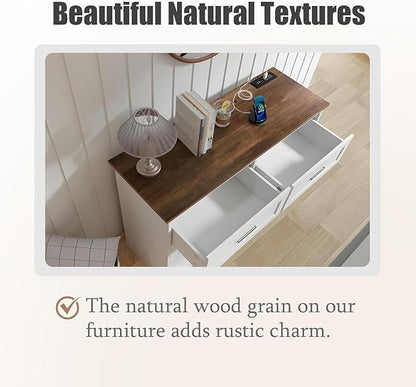 GEPELCN Farmhouse Dresser for Bedroom 6 Drawers Dresser with Power Outlets Rustic Chest of Drawers with Natural Texture White Organizer for Living Room Hallway