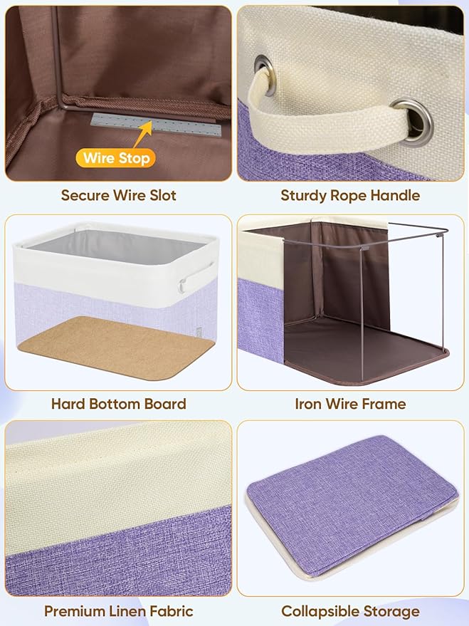BALEINE 4 Pack Fabric Storage Bins for Shelves, Linen Storage Baskets for Organizing, Decorative Closet Bins for Clothes, Home (Lavender, 14''x10''x8.5'')
