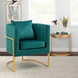 Velvet Modern Accent Chair, Upholstered Barrel Armchair Mid Century with Pillow for Living Room, Comfy Single Vnaity Chair with Metal Gold Legs for Bedroom, Green