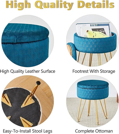 Cpintltr Velvet Storage Ottoman Round Footrest Stool Multifunctional Upholstered Ottoman Modern Accent Vanity Stools Tray Top Coffee Table Suitable for Living Room Bedroom