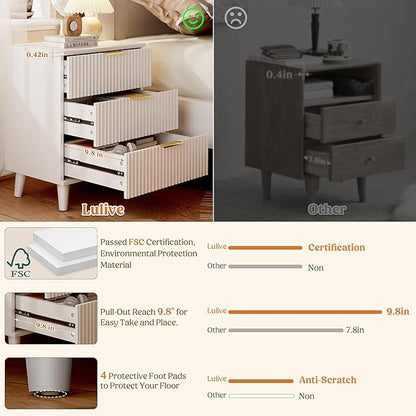 Lulive Wood Nightstand Set of 2 Fluted Dresser for Bedroom 3 Drawers Night Stand with Charging Station, Storage Modern Side Table White